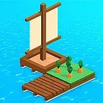木製の帆船が青い海の上に浮かび、船には畑と3本の木が植えられています。
