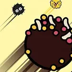 複数のカラフルでかわいいキャラクターが、中央の大きな褐色の球形オブジェクトの周りを飛んでいるイラスト。