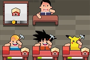 茶色い背景の前で、三人のキャラクターがハンマーを持って作業しており、上部には別の人物とコインのアイコンがあります。