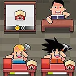 茶色い背景の前で、三人のキャラクターがハンマーを持って作業しており、上部には別の人物とコインのアイコンがあります。