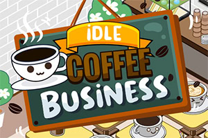 カフェのイラストで、看板に笑顔のコーヒーカップと「IDLE COFFEE BUSINESS」の文字が描かれている。