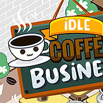 カフェのイラストで、看板に笑顔のコーヒーカップと「IDLE COFFEE BUSINESS」の文字が描かれている。