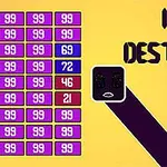黄色の背景に紫と赤の数値ブロックが並んでおり、中央に顔のある黒いブロックが配置されています。