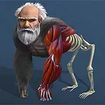 白髪とひげのある人間の頭を持つゴリラの体が、一部筋肉と骨格を露出している。