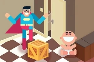 スーパーヒーローのコスチュームを着た男性と、大きな笑顔の赤ちゃんが、木箱と開いたドアがある部屋にいるイラスト。