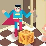 スーパーヒーローのコスチュームを着た男性と、大きな笑顔の赤ちゃんが、木箱と開いたドアがある部屋にいるイラスト。