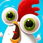 大きな緑の目と赤いトサカを持つコミカルな鶏のキャラクター。