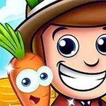 笑顔のキャラクターがフォークを持ち、目が大きいニンジンと金貨の前に立っているイラスト。