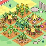 畑で様々な野菜を育てている農夫のイラスト。