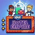 青い背景にベルボーイとメイドが立ち、カラフルなスーツケースとネオン看板があるイラスト。