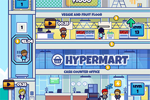スーパーの建物の断面で、いくつかの階にいるキャラクターたちと「HYPERMART」の看板が見えるイラスト。