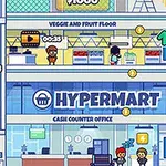 スーパーの建物の断面で、いくつかの階にいるキャラクターたちと「HYPERMART」の看板が見えるイラスト。