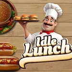 シェフのイラストが中央にあり、周囲にハンバーガー、ホットドッグ、サラダ、パスタの料理が配置されている。