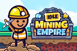 鉱山労働者のキャラクターがツルハシを持って微笑んでいるイラストの横に「IDLE MINING EMPIRE」のタイトルがある。