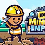 鉱山労働者のキャラクターがツルハシを持って微笑んでいるイラストの横に「IDLE MINING EMPIRE」のタイトルがある。