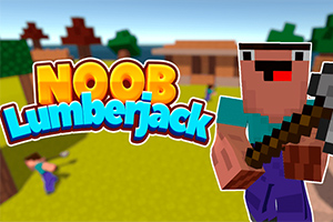 ブロックスタイルのキャラクターが斧を持ってフィールドに立ち、「NOOB Lumberjack」の文字が描かれている。