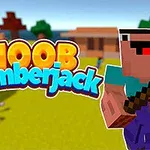 ブロックスタイルのキャラクターが斧を持ってフィールドに立ち、「NOOB Lumberjack」の文字が描かれている。