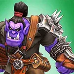 紫色の肌を持つオークのキャラクターが、鎧を身に着けて武器を構えている。