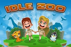 2人の子供が手をつないで笑顔で立っており、近くにトラの子とペンギンがいるイラスト。