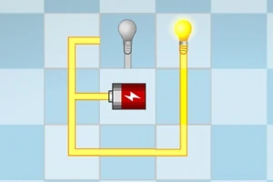 青と白のチェック柄の背景に、電球が電気回路でつながれ、一方の電球が点灯している。