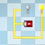 青と白のチェック柄の背景に、電球が電気回路でつながれ、一方の電球が点灯している。