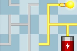 青と白のタイル背景に、電球と電池が黄色い配線でつながれている。