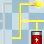 青と白のタイル背景に、電球と電池が黄色い配線でつながれている。