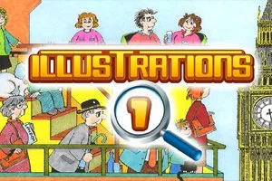 「ILLUSTRATIONS」と書かれた看板、虫眼鏡と数字の1、駅のホームにいる人々と時計台のイラスト。