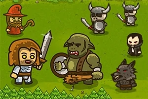 緑の背景に、剣を持ったキャラクター、オーク、狼、魔法使い、バイキング姿の兵士が描かれている。