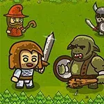 緑の背景に、剣を持ったキャラクター、オーク、狼、魔法使い、バイキング姿の兵士が描かれている。