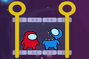 赤いキャラクターと口を開けた青いキャラクターが左右を囲む黄色いピンの間に立っているイラスト。