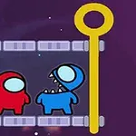 赤いキャラクターと口を開けた青いキャラクターが左右を囲む黄色いピンの間に立っているイラスト。