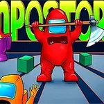 赤い宇宙服を着たキャラクターが斧を持ち、背景に大きな文字が描かれている。