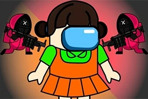 漫画スタイルの少女がオレンジ色の服を着て中央に立ち、背景に赤い服を着た2人のキャラクターが武器を持っている。
