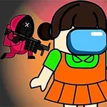 漫画スタイルの少女がオレンジ色の服を着て中央に立ち、背景に赤い服を着た2人のキャラクターが武器を持っている。