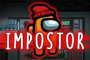 赤いニット帽をかぶったオレンジ色のキャラクターが中央に立ち、「IMPOSTOR」と赤色の大文字で書かれている背景。