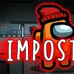 赤いニット帽をかぶったオレンジ色のキャラクターが中央に立ち、「IMPOSTOR」と赤色の大文字で書かれている背景。
