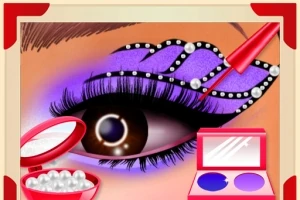 紫色のアイシャドウを施した目、パールとメイク道具が描かれているイラスト。