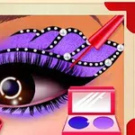 紫色のアイシャドウを施した目、パールとメイク道具が描かれているイラスト。