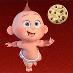 赤い背景に立つオムツ姿の赤ちゃんと2枚のクッキー。