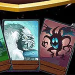 三枚のカードに、青いカエル、雪男、黒い影の怪物が描かれているイラスト。