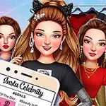 3人の女性がドレスルームでポーズをとり、手前にはスマートフォンの画面が見える。