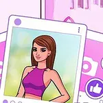 ピンク色の背景に、紫色のトップスを着た女性のイラストがポラロイド風に描かれている画像。