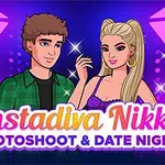 男女二人がカメラに向かってポーズをとり、スタジオの照明が輝いているイラスト。