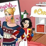 女性キャラクターがクリスマスの装飾が施された部屋に立ち、#Christmas と書かれた吹き出しがあります。