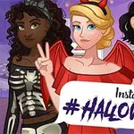 3人の女性キャラクターがコスチュームを着て立っているハロウィーンテーマのイラスト。