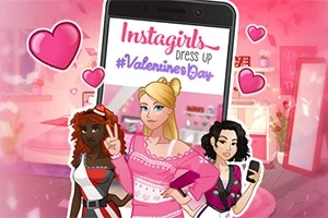 3人の女性キャラクターが、スマートフォンの画面とピンクの背景に囲まれてポーズをとっているイラスト。