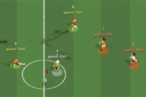 緑のフィールドで複数のキャラクターがサッカーボールを囲んでいる。