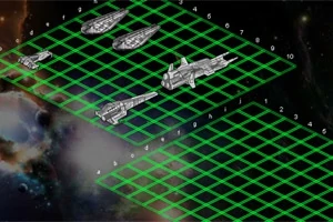 緑色のグリッドが配置された宇宙空間に、銀色の宇宙船が並んでいる。