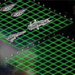 緑色のグリッドが配置された宇宙空間に、銀色の宇宙船が並んでいる。
